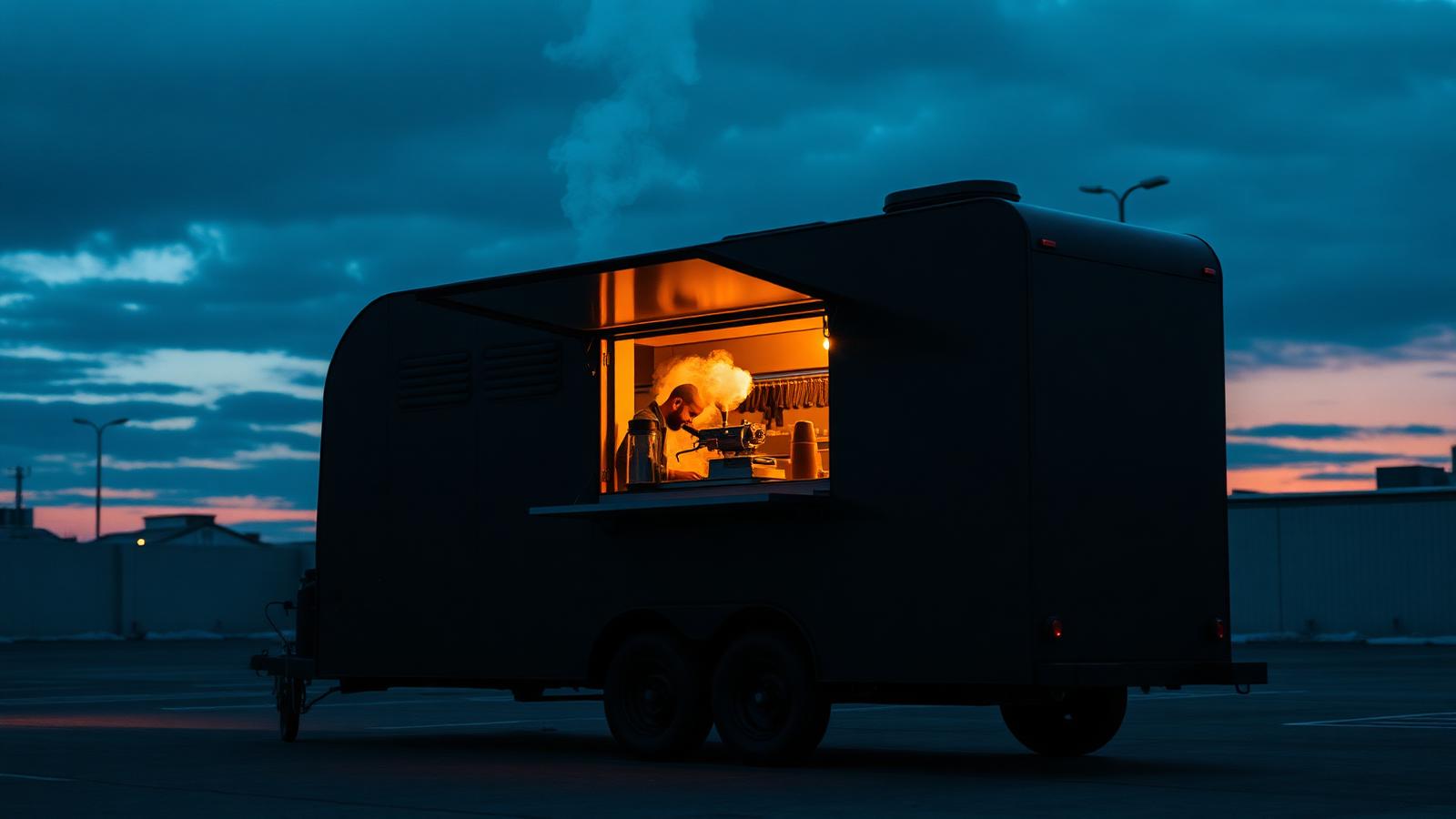 A matte-black mobile coffee trailer at dawn with a glowing service window and steam rising from an espresso machine.