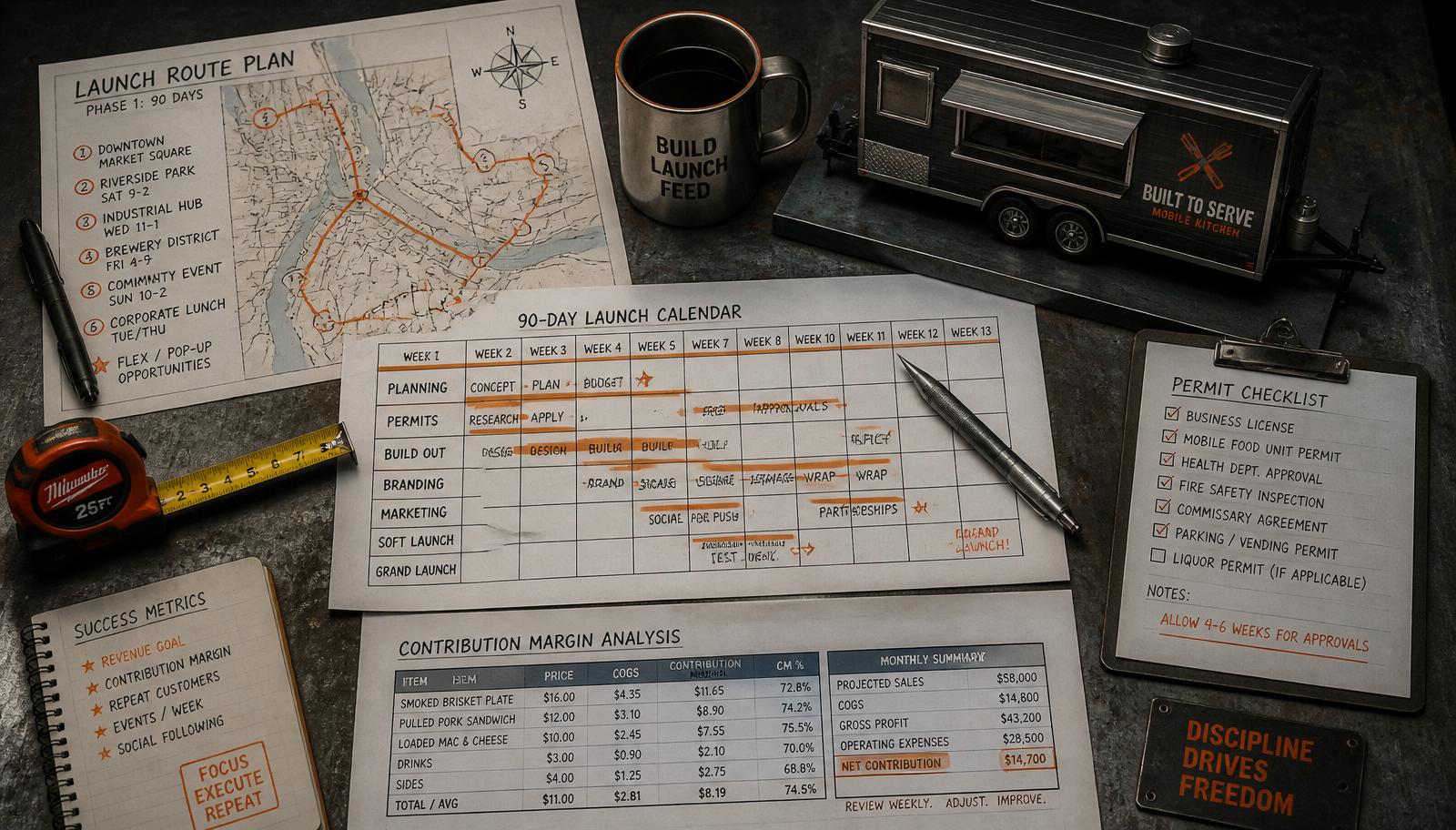 Overhead flat-lay of a 90-day launch plan: route map, calendar, permit checklist, contribution-margin spreadsheet, and a scale trailer model on a steel workbench.