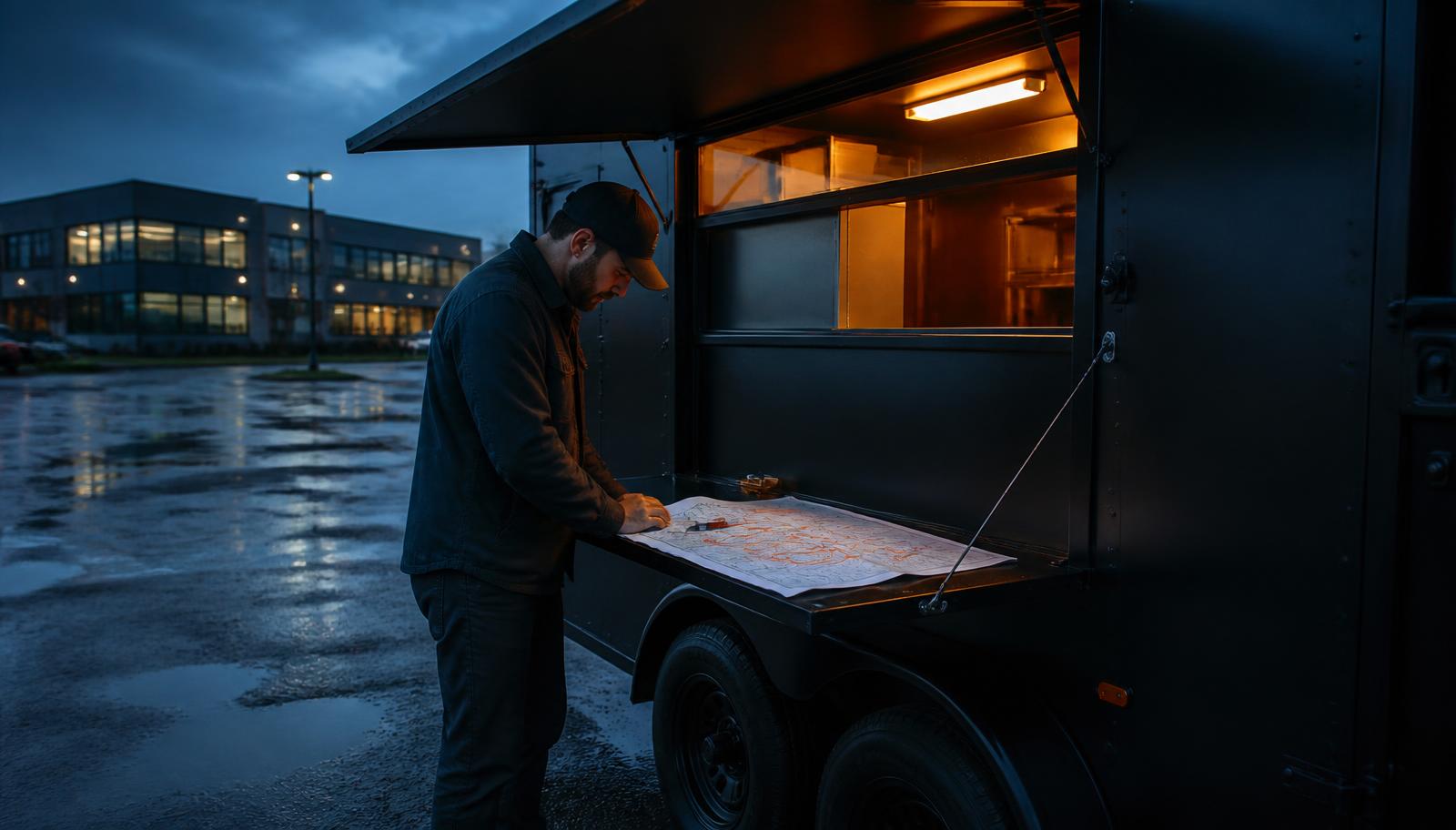 Mobile business owner scoring candidate locations on a route map beside a purpose-built Venture Works trailer.