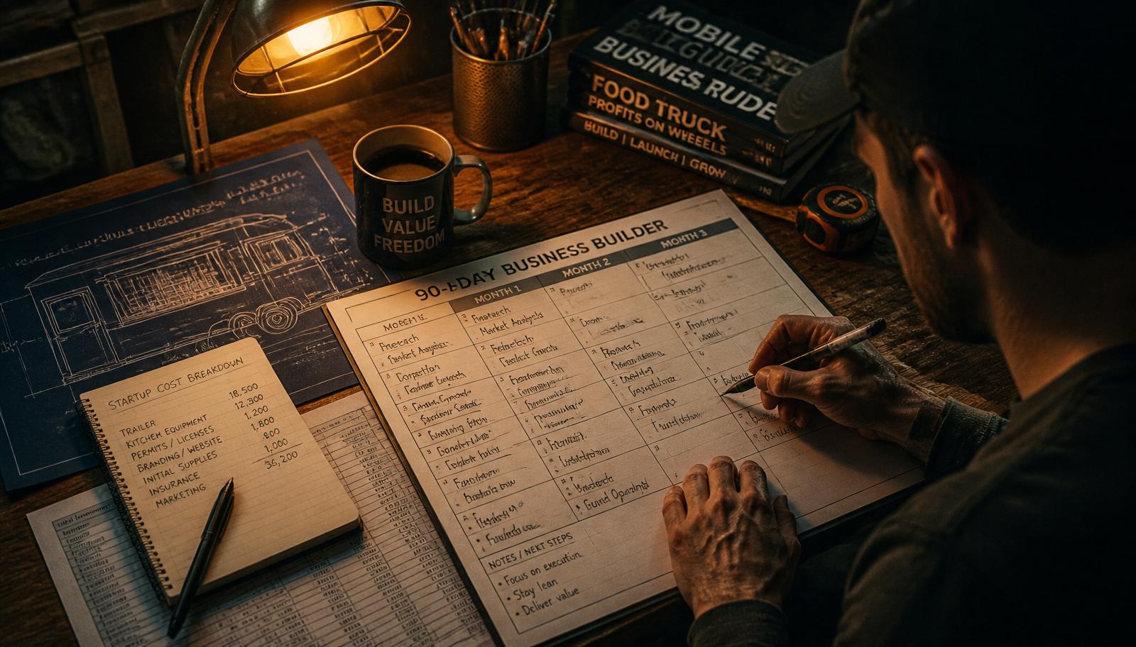 Future mobile business owner planning the final 90 days before leaving a full-time job, with a startup budget, blueprint, and 90-day planner on a workshop desk.