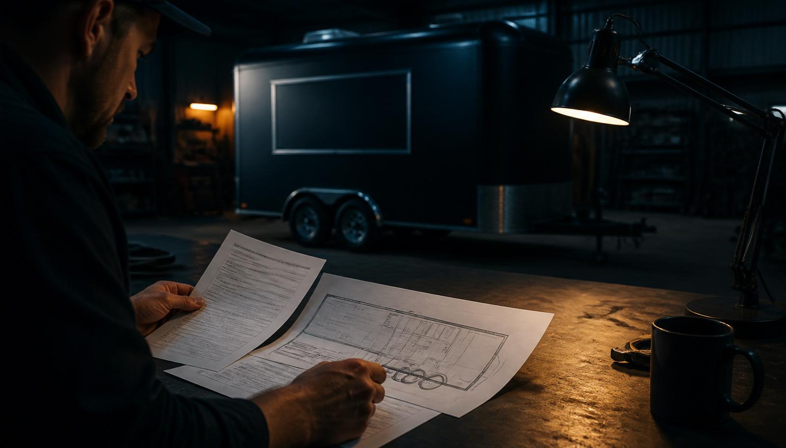 Mobile business owner reviewing permit checklists and trailer plans with local agency requirements.