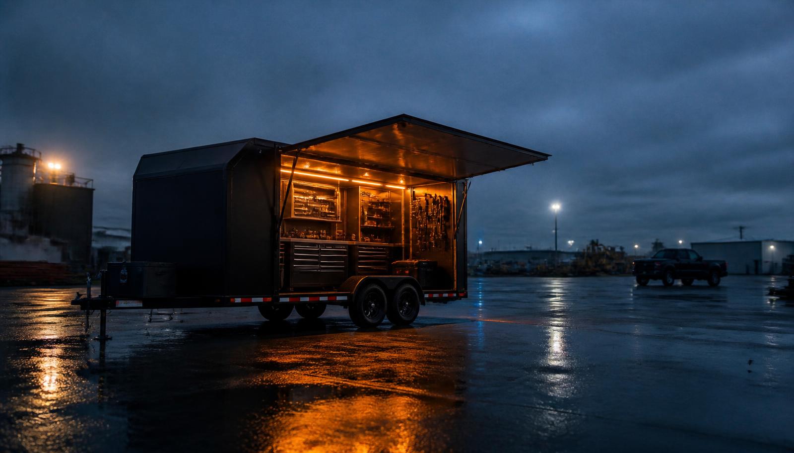 A purpose-built mobile business trailer dropped and unhitched at a work site with its tow vehicle parked in the background.