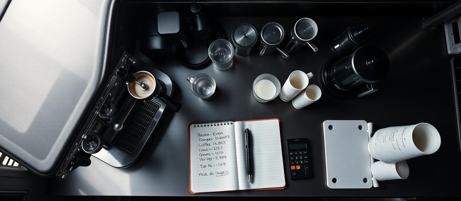 Overhead view of a mobile coffee trailer workstation with espresso machine, grinders, cups, and a notebook of break-even math.