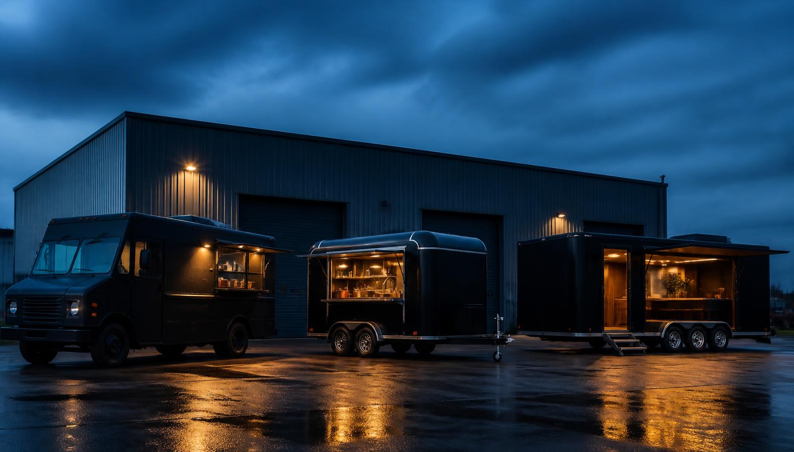 Food truck, food trailer, and purpose-built mobile business trailer compared side by side.