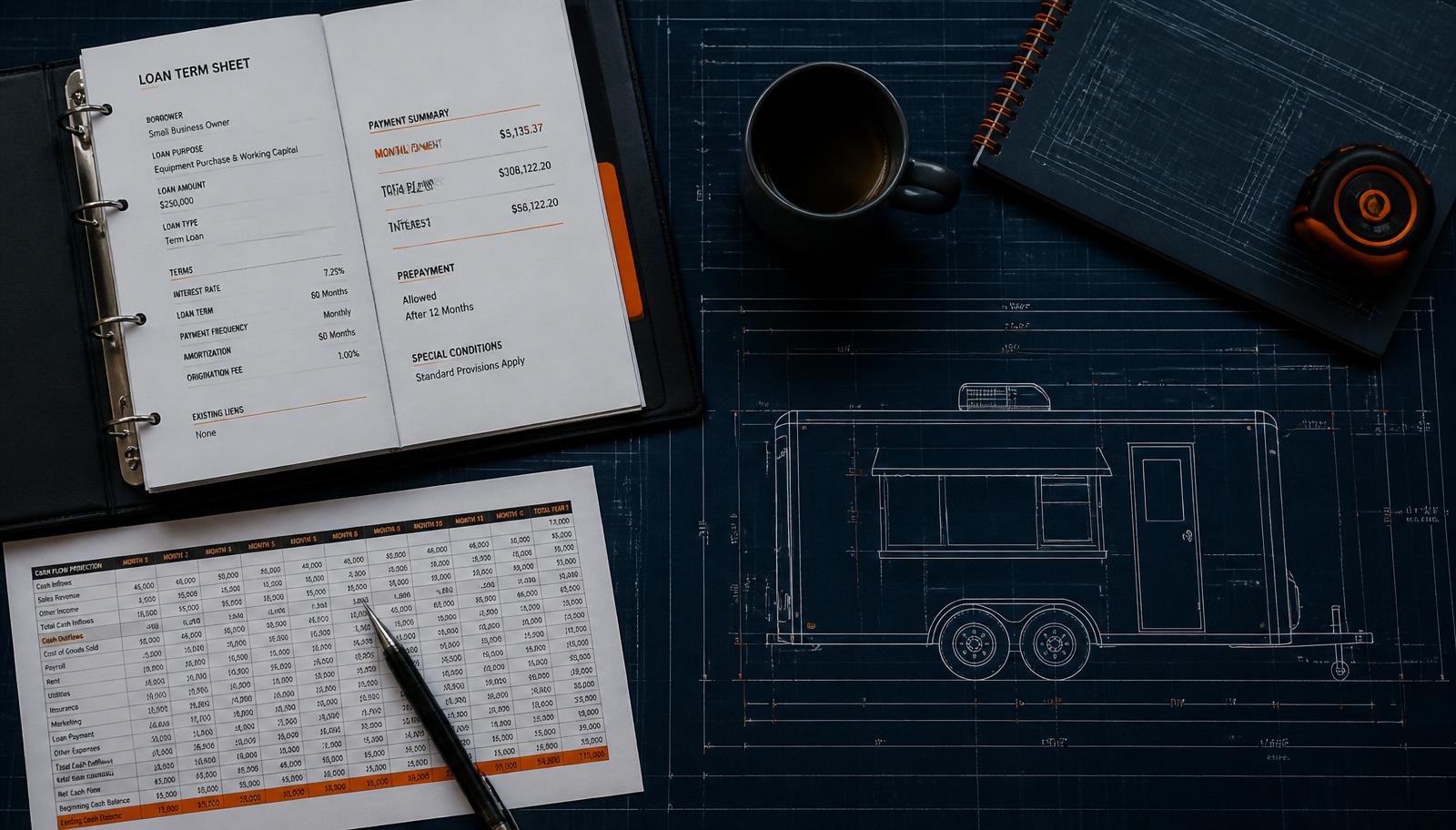 Entrepreneur comparing financing options and cash-flow projections for a custom mobile business trailer.