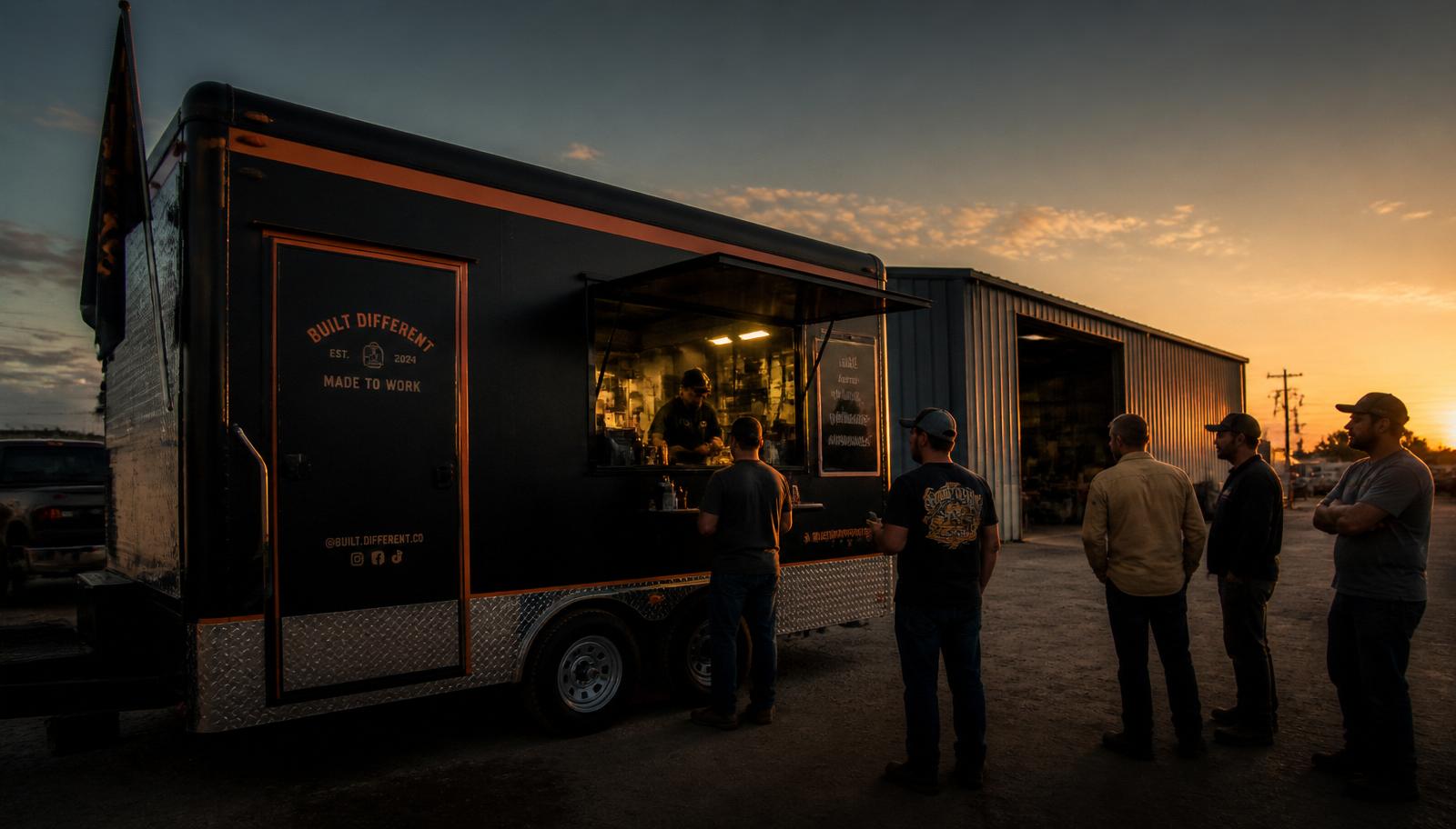 A matte-black mobile business trailer serving its first customers at golden hour outside a small industrial workshop.