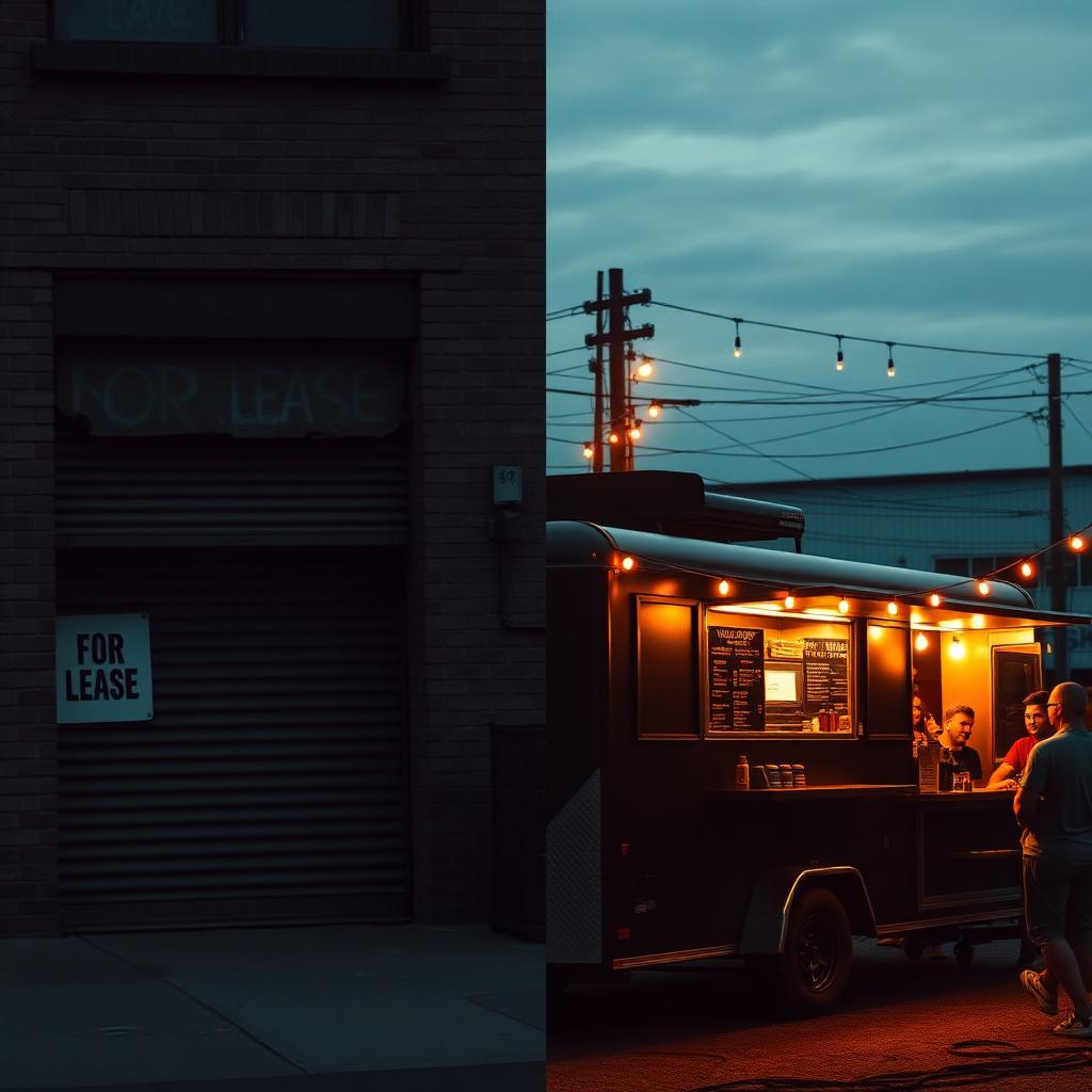 Split scene contrasting a shuttered For Lease storefront with a purpose-built mobile business trailer serving customers at a busy community event.