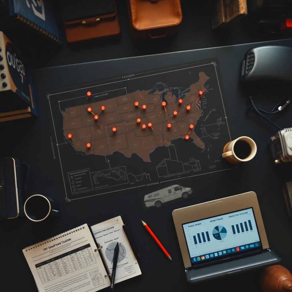 Overhead planning desk with a US route map, a 90-day calendar, spec drawings, and a break-even chart on a laptop.