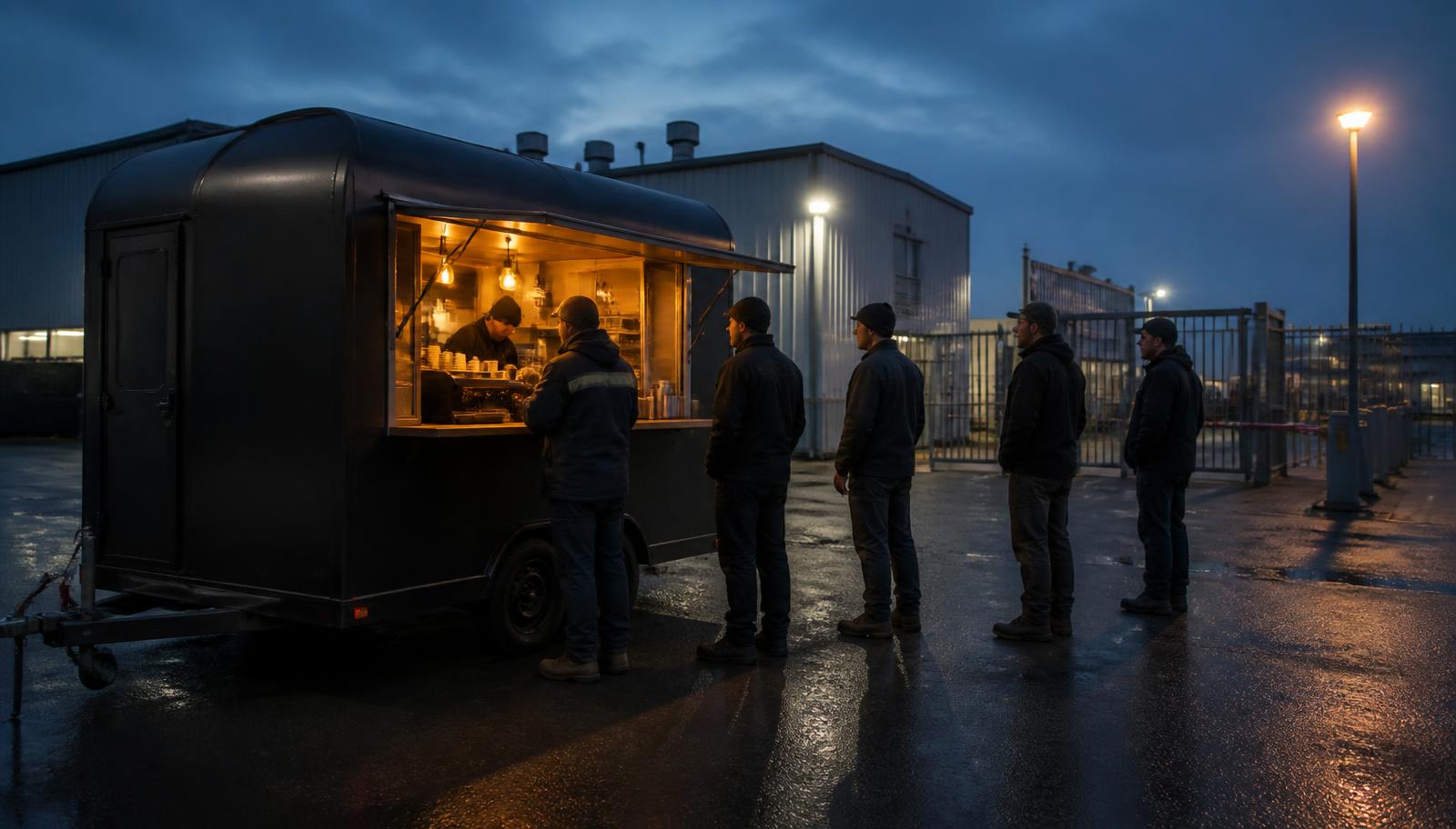 Workers lined up at a mobile coffee trailer parked near the entrance of a light-industrial employer campus during a pre-dawn shift change.