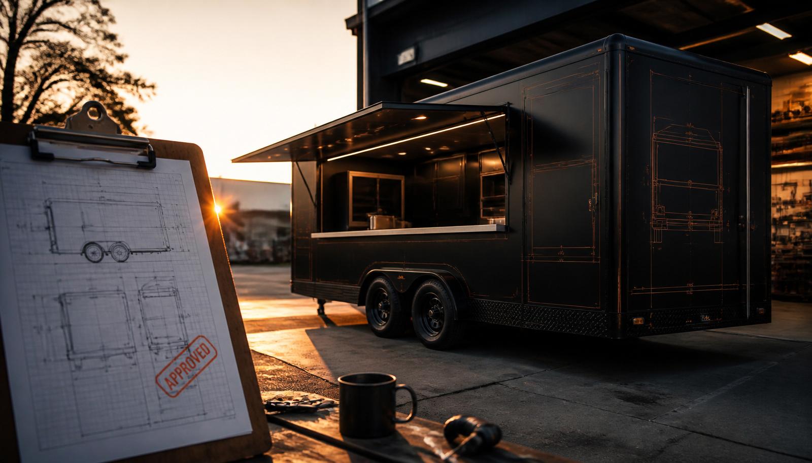 A matte-black custom mobile business trailer parked at a workshop bay at golden hour with an approved build clipboard in the foreground.