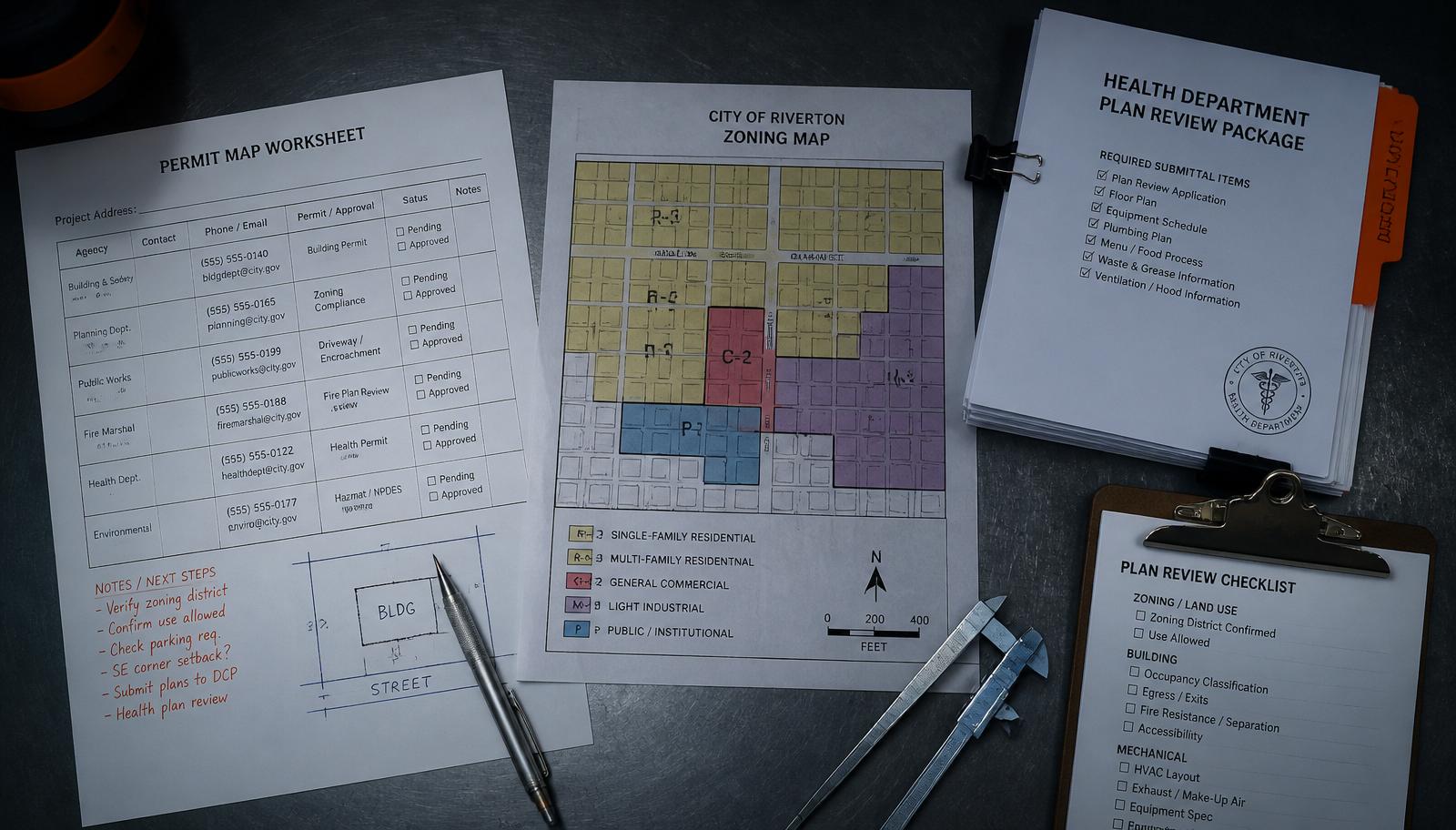 Overhead view of a permit map worksheet, zoning map, health department plan review packet, and inspection checklist on a steel desk.